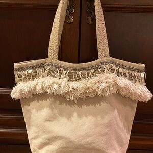 Chico’s Tan Metallic Cotton Beaded, Fringed Large Tote Bag Stylish & Versatile